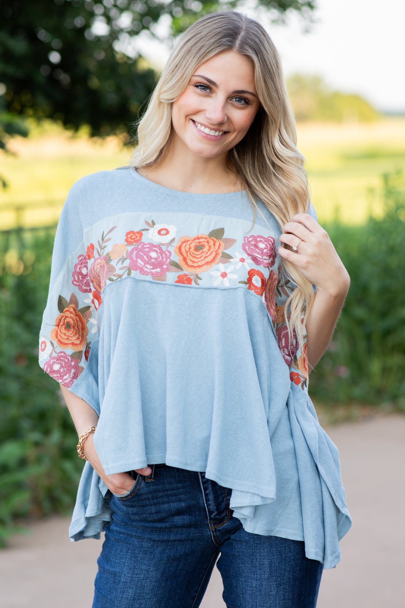 Dusty Blue Floral Embroidery Detail Knit Top