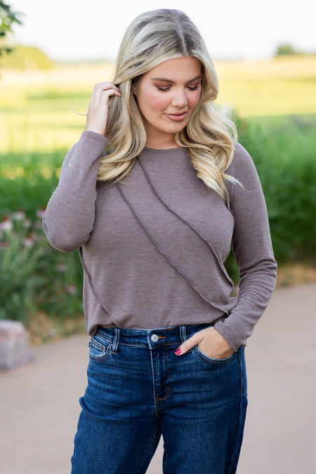 Mocha Reverse Seam Long Sleeve Knit Top