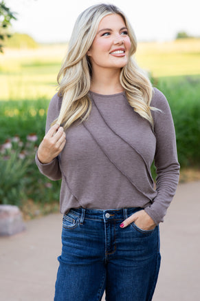 Mocha Reverse Seam Long Sleeve Knit Top