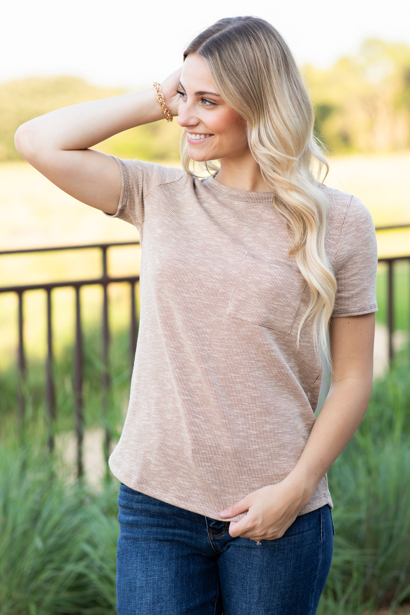 Crewneck Short Sleeve With Pocket Knit Top