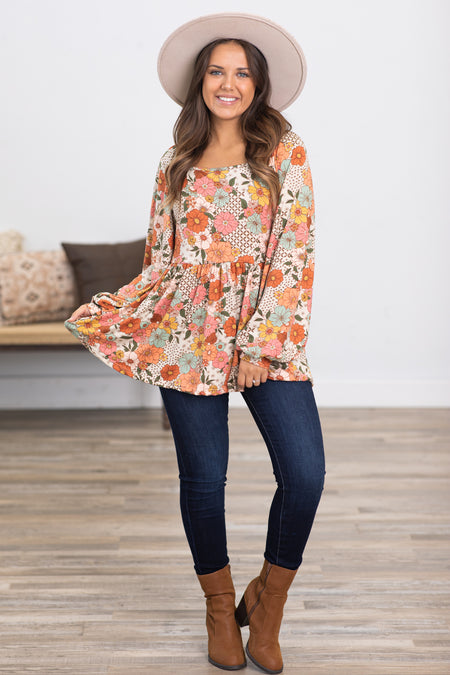 Burnt Orange Multicolor Floral Print Top