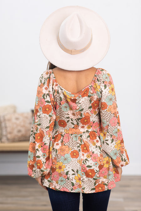 Burnt Orange Multicolor Floral Print Top