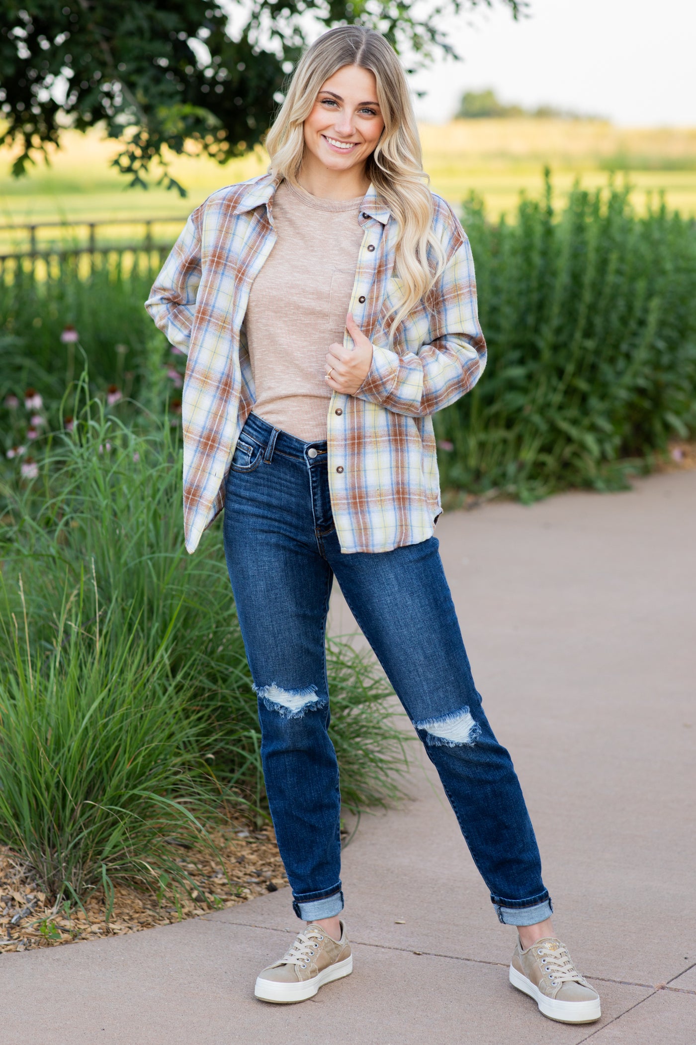 Camel And Blue Plaid Button Up Woven Top