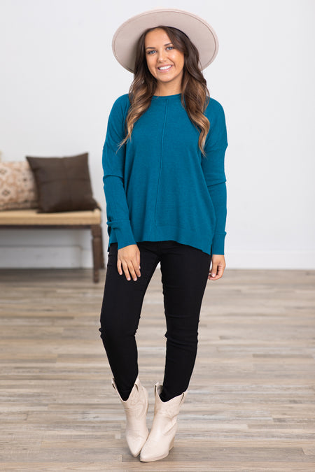 Teal Front Seam Round Neck Sweater