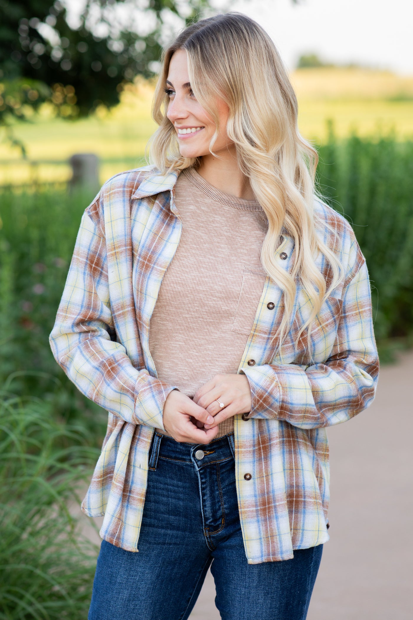 Camel And Blue Plaid Button Up Woven Top