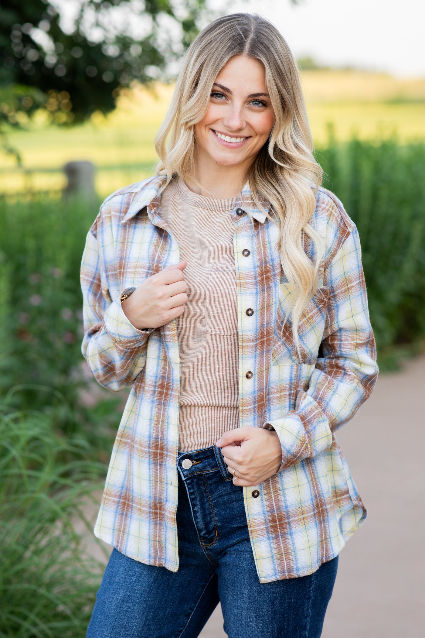 Camel And Blue Plaid Button Up Woven Top