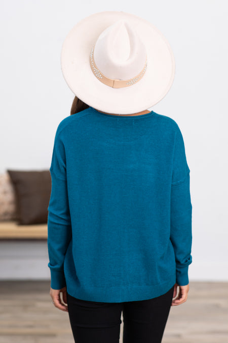 Teal Front Seam Round Neck Sweater