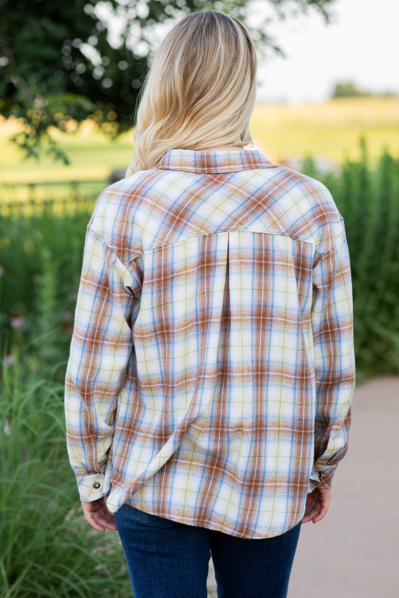 Camel And Blue Plaid Button Up Woven Top