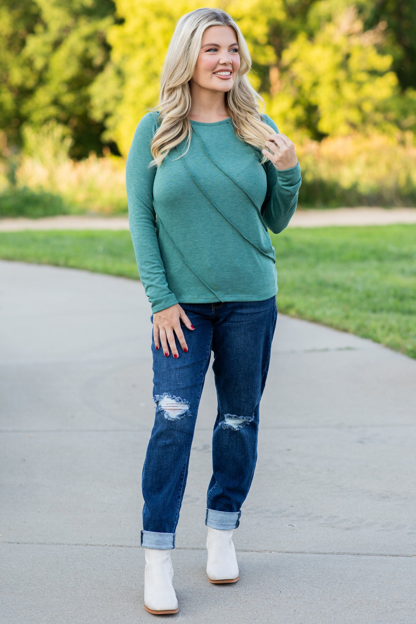 Emerald Reverse Seam Long Sleeve Knit Top