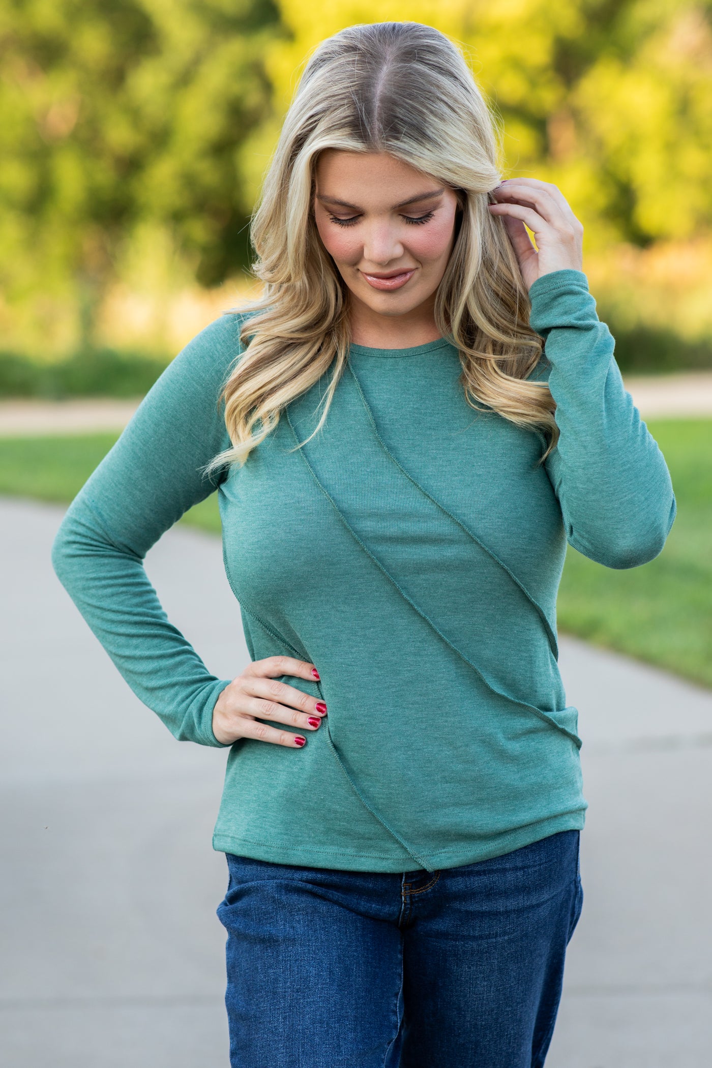 Emerald Reverse Seam Long Sleeve Knit Top