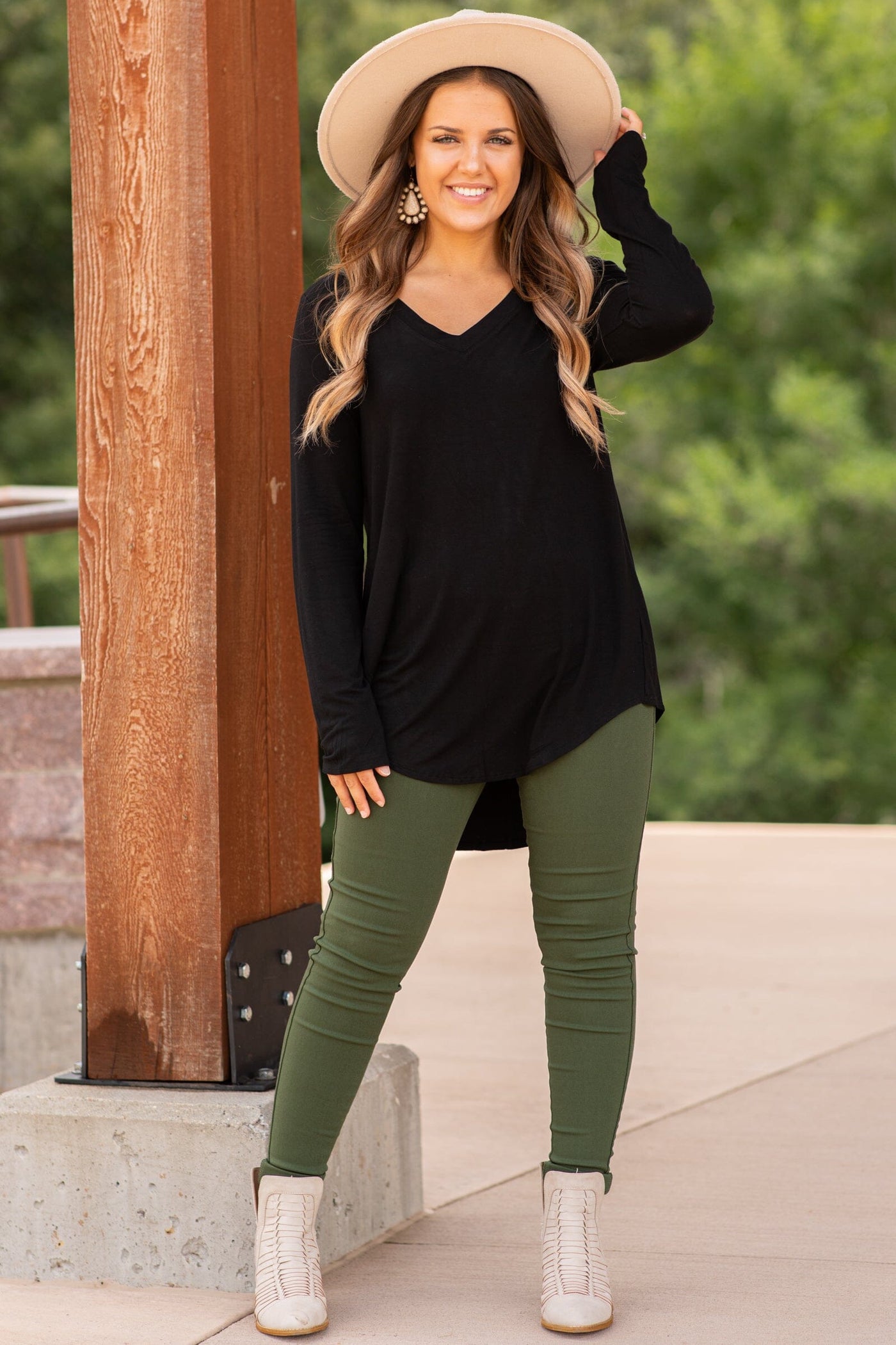 Black V-Neck Dolphin Hem Basic Top - Filly Flair