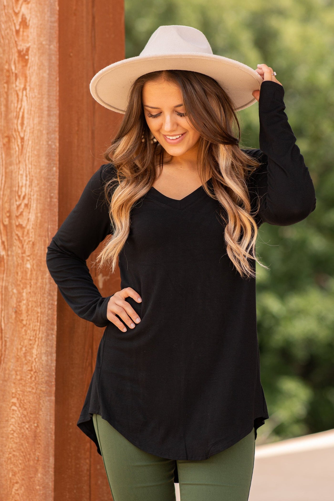 Black V-Neck Dolphin Hem Basic Top - Filly Flair