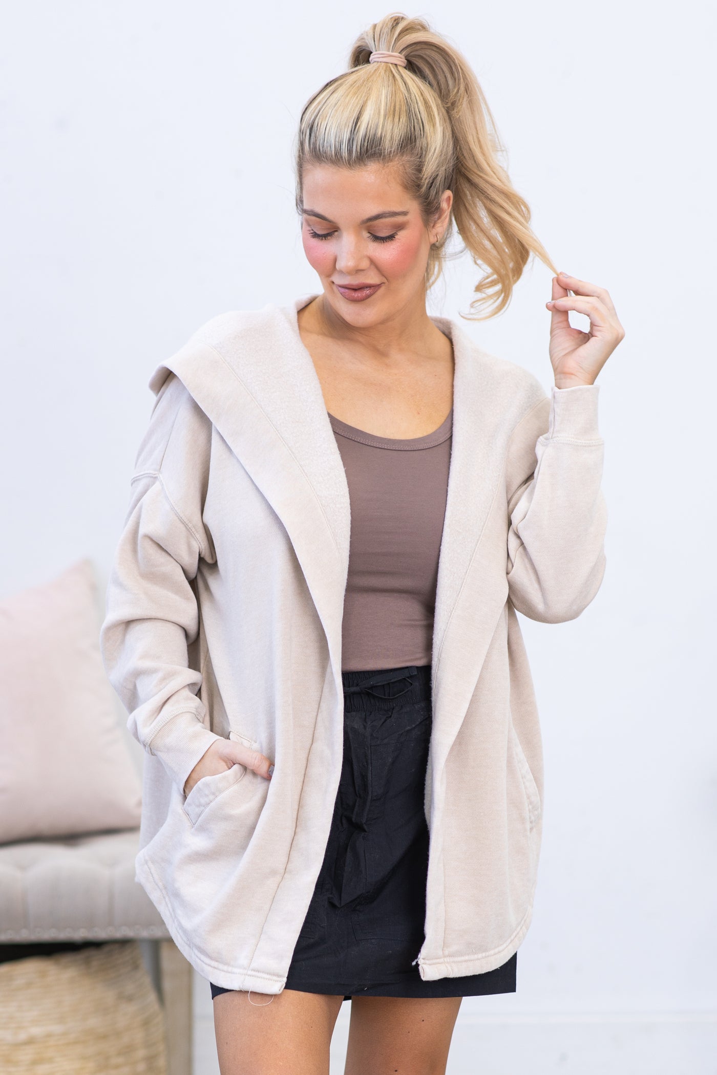 Tan Mineral Washed Fleece Hooded Cardigan