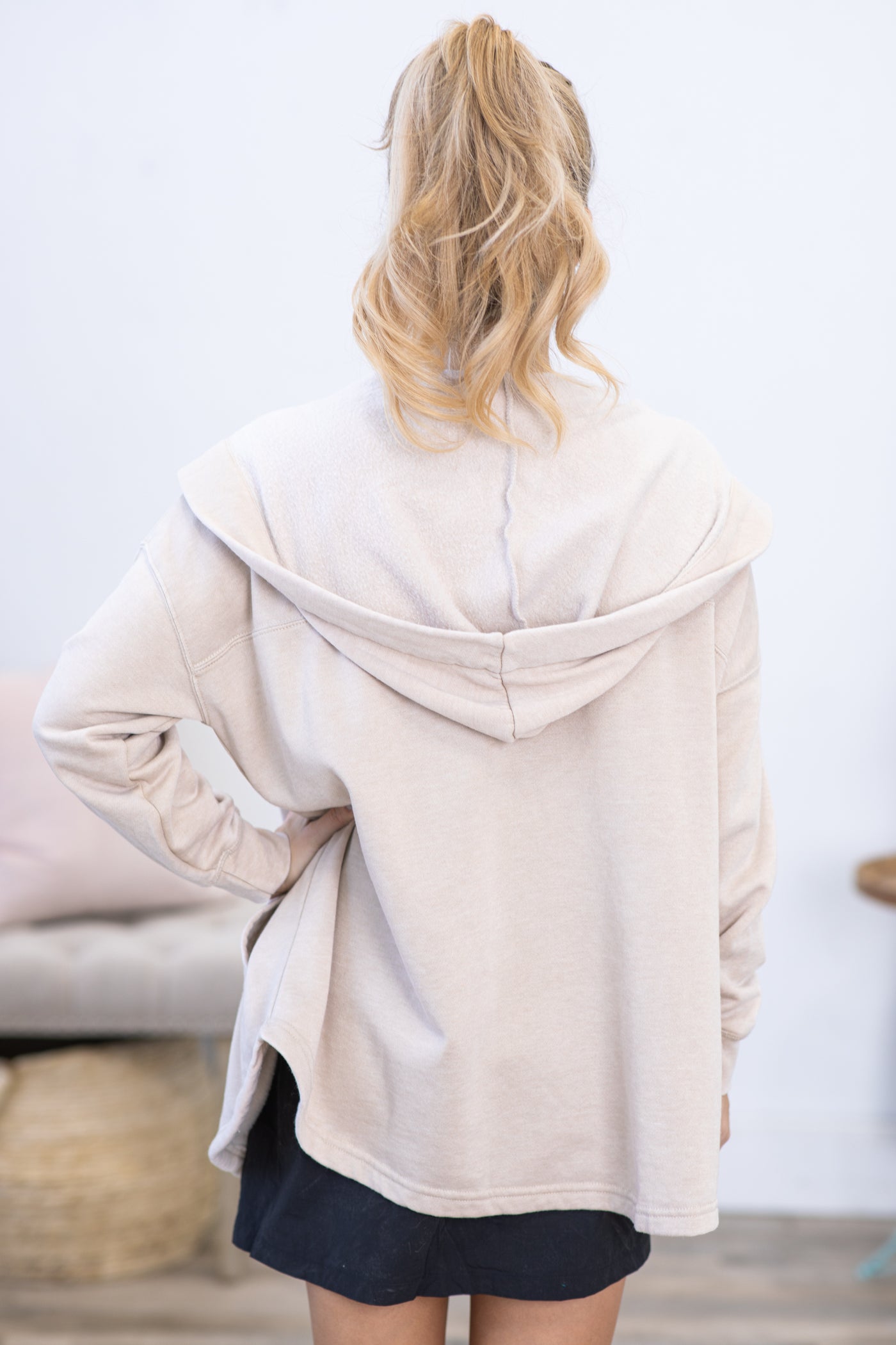 Tan Mineral Washed Fleece Hooded Cardigan