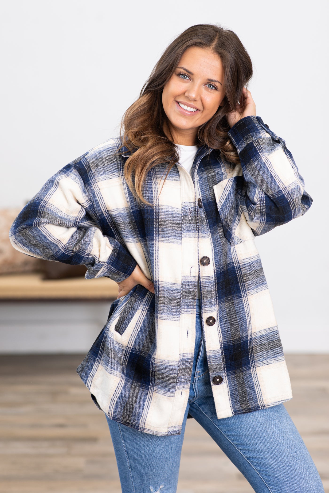 Navy and Ivory Plaid Yarn Dyed Shacket