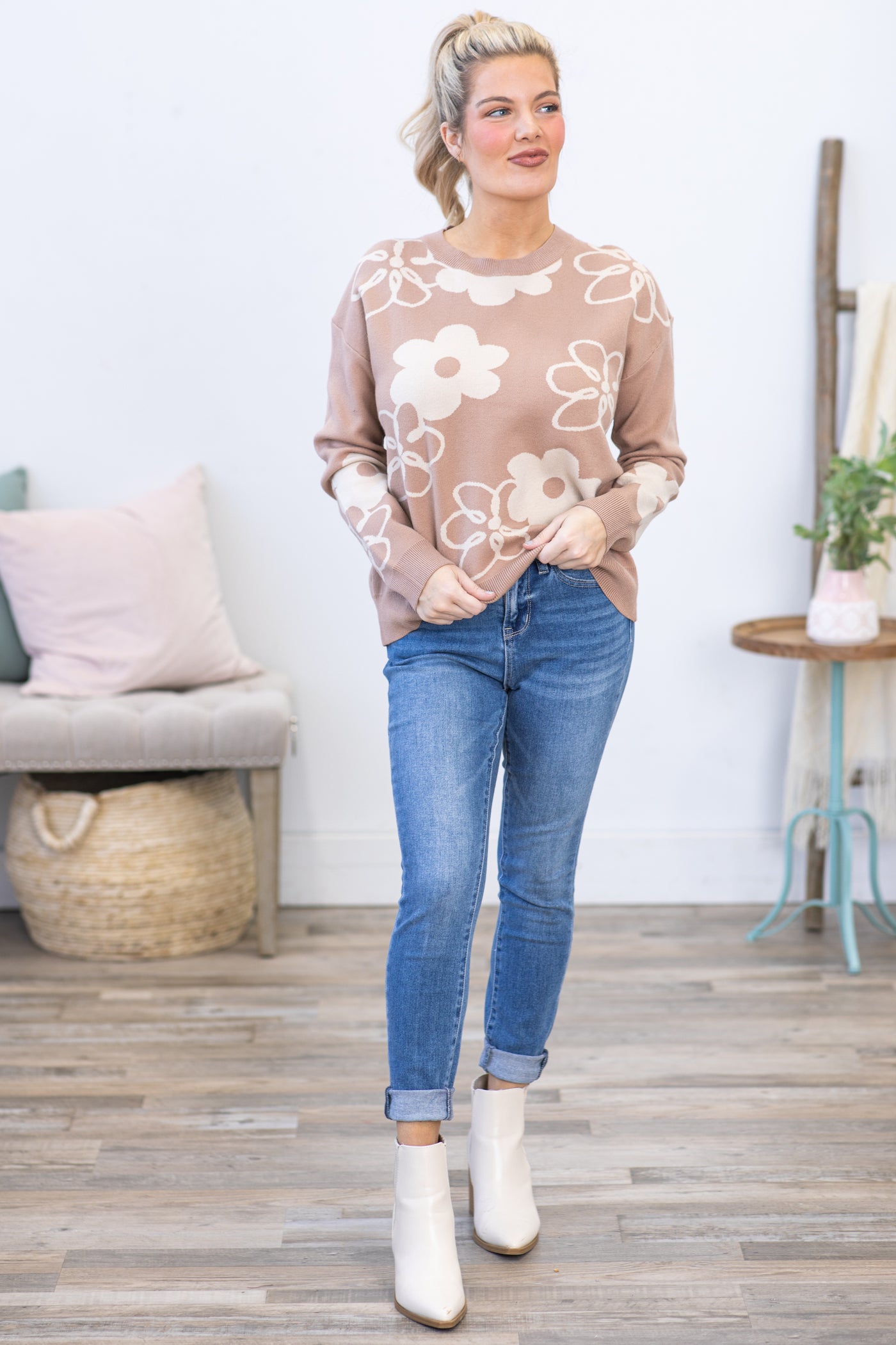 Taupe With Beige Floral Print Intarsia Sweater