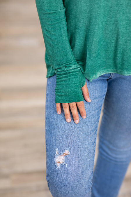 Emerald Green Washed Top With Thumbholes