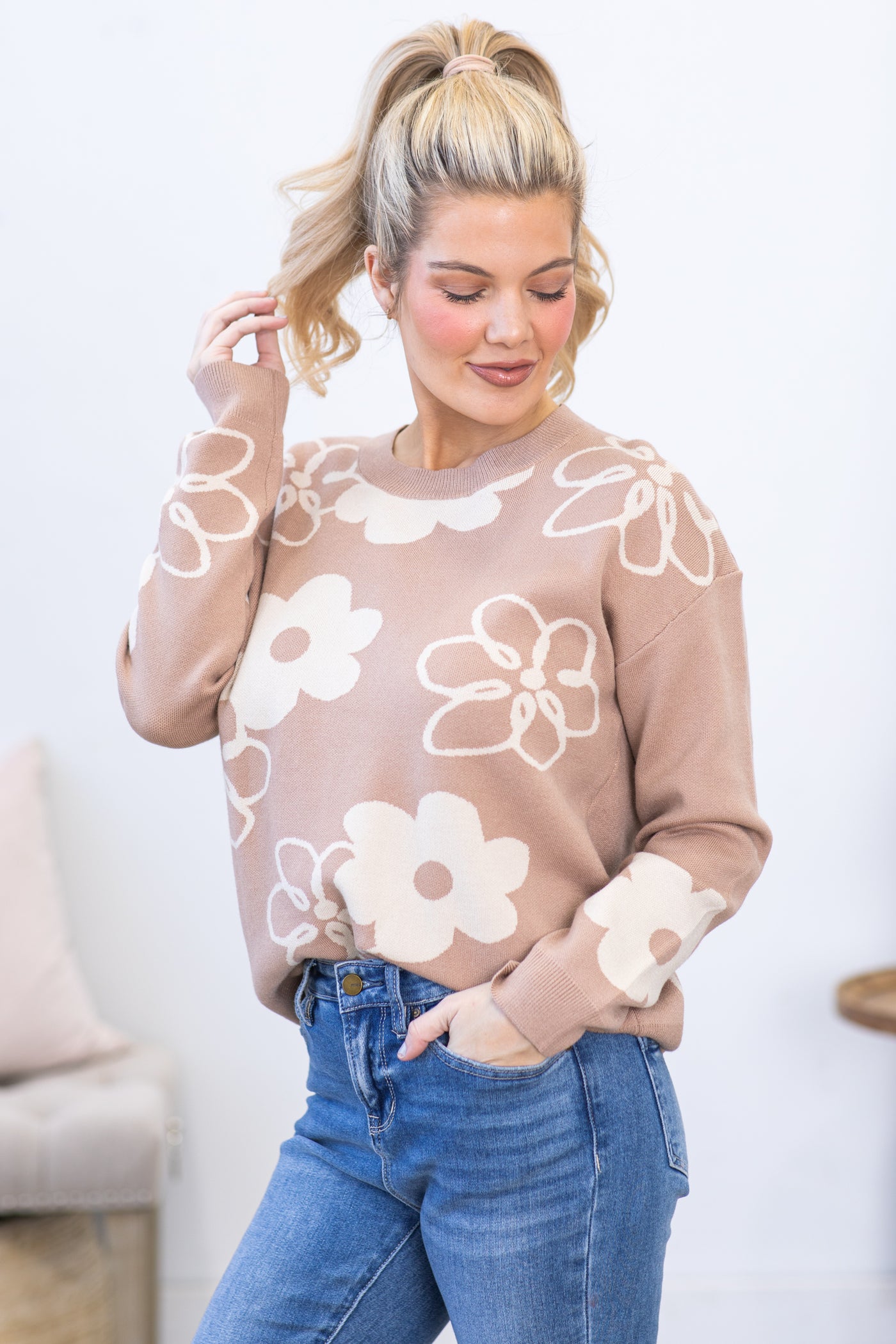 Taupe With Beige Floral Print Intarsia Sweater