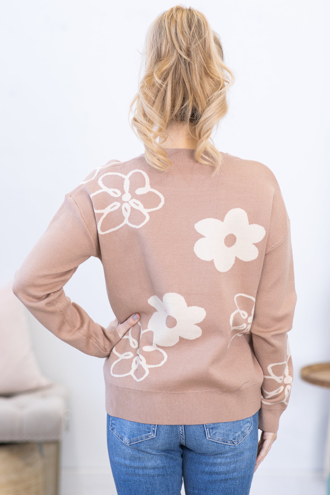 Taupe With Beige Floral Print Intarsia Sweater