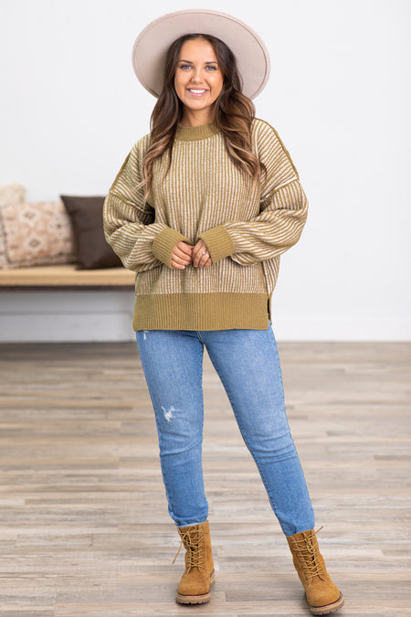 Olive Ribbed Drop Shoulder Sweater