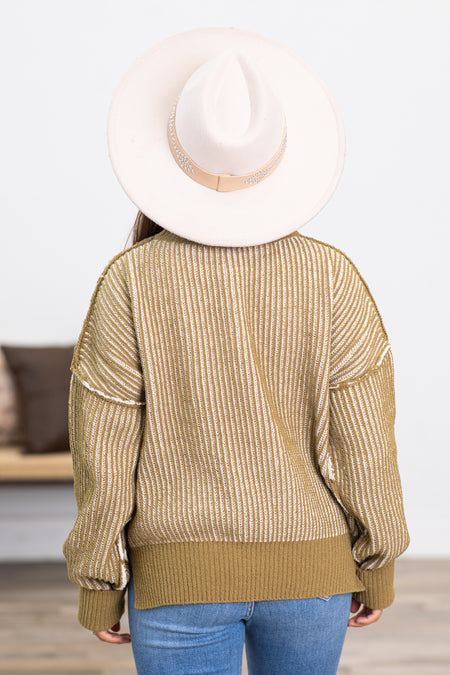 Olive Ribbed Drop Shoulder Sweater