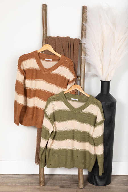 Distressed Detail Bold Stripes Sweaters