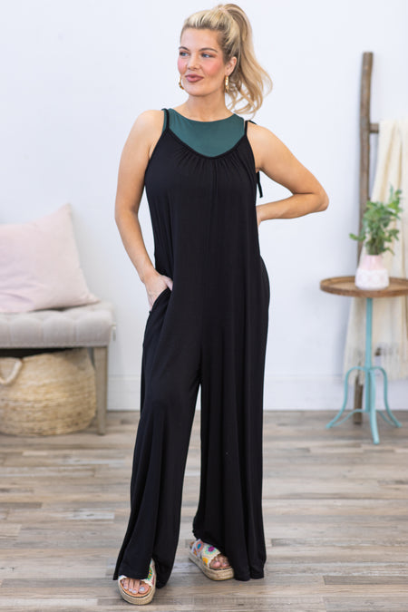 Black Adjustable Strap Flowy Jumpsuit