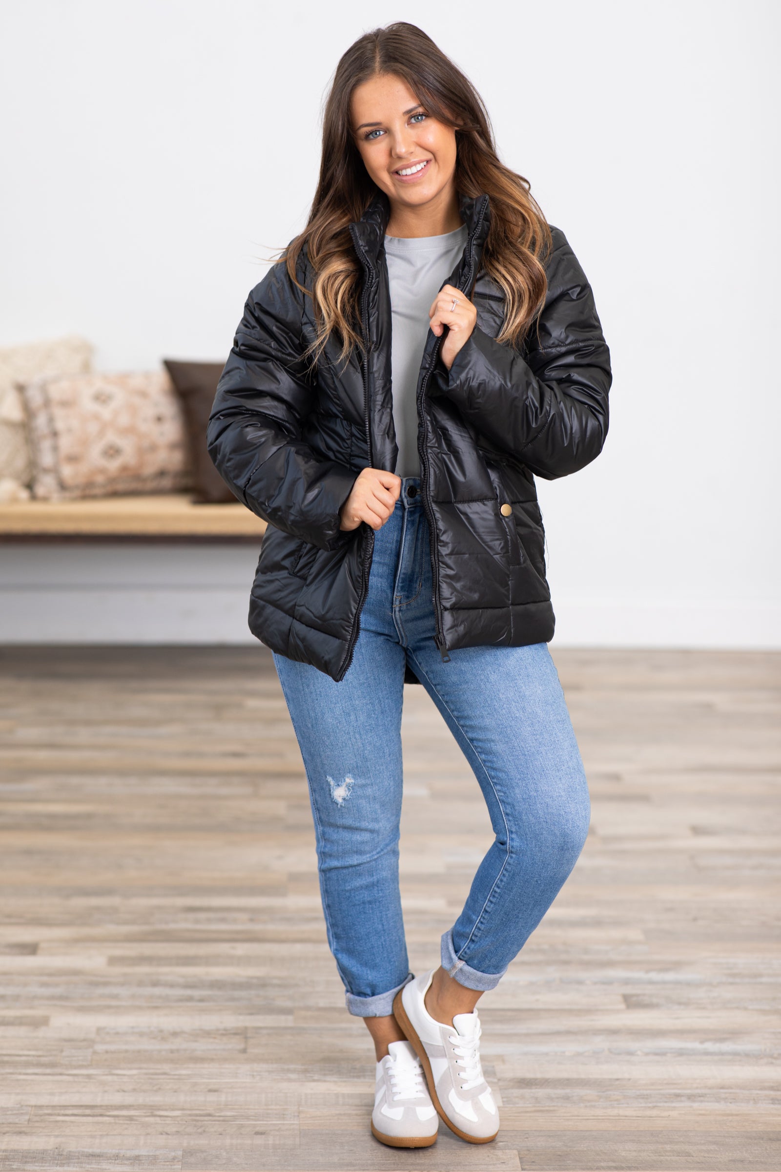 Black quilted cheap puffer jacket