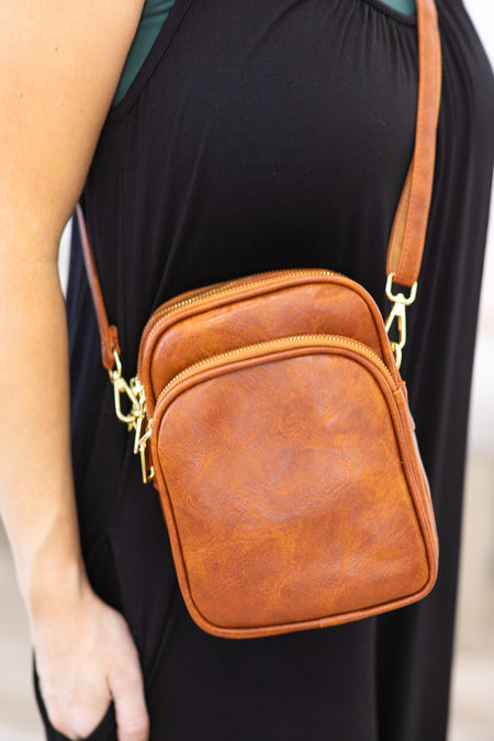 Cognac Retro Style Triple Entry Crossbody