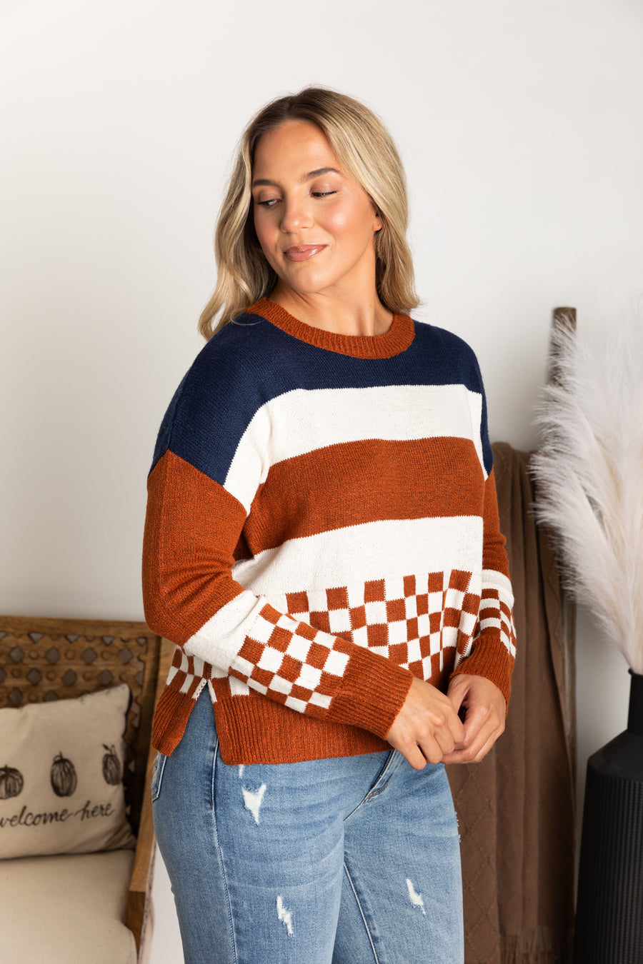 Navy and Cognac Checkered Pullover Sweater