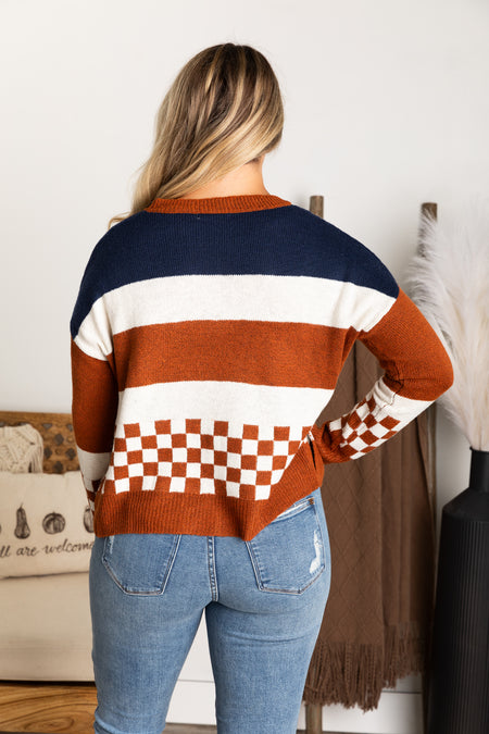 Navy and Cognac Checkered Pullover Sweater