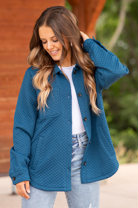 Dark Teal Quilted Shacket With Pocket Detail - Filly Flair