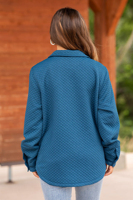 Dark Teal Quilted Shacket With Pocket Detail - Filly Flair