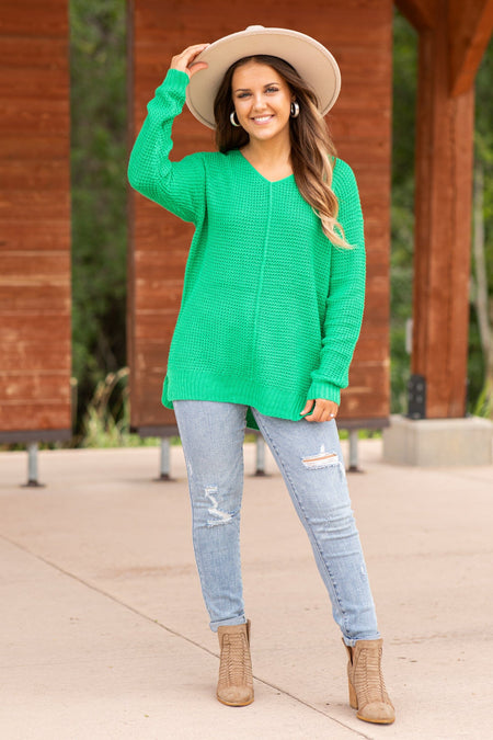 Green V-Neck Waffle Knit Sweater With Seam - Filly Flair