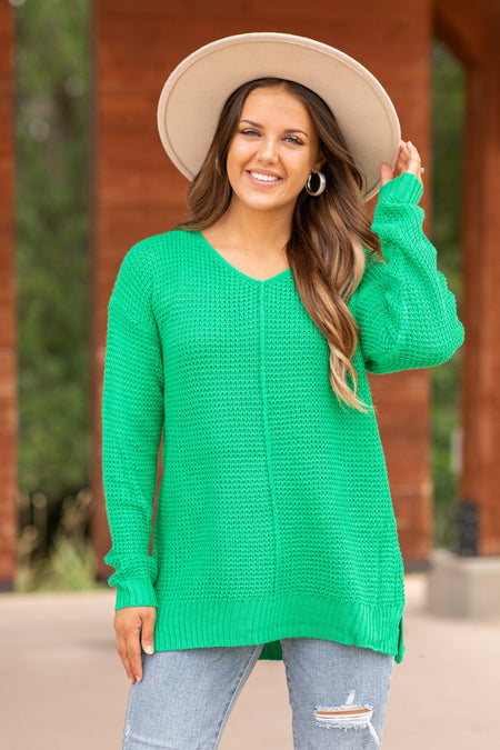 Green V-Neck Waffle Knit Sweater With Seam - Filly Flair