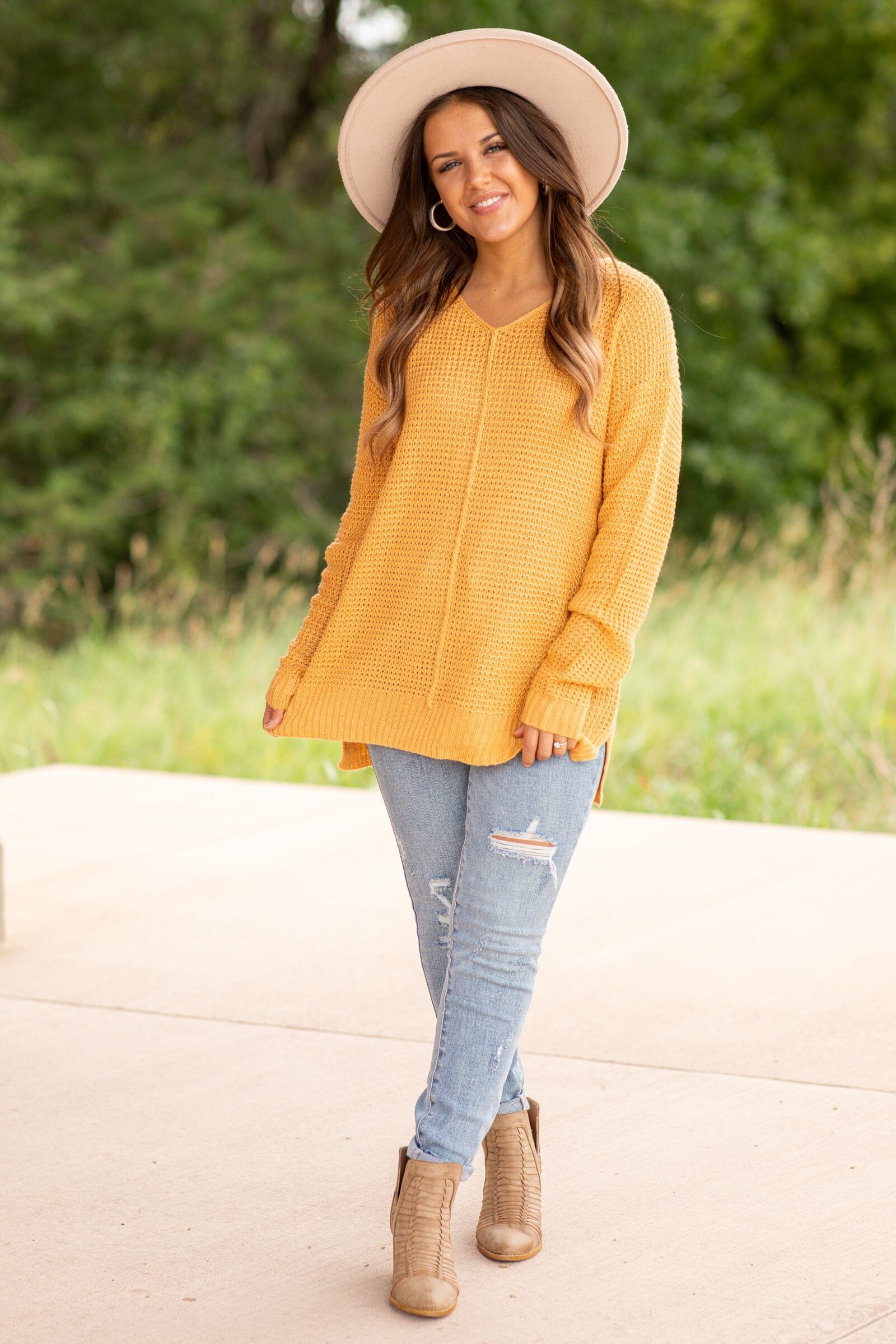 Mustard V Neck Waffle Knit Sweater With Seam Filly Flair