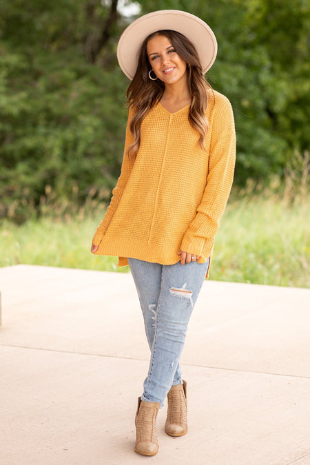 Mustard V-Neck Waffle Knit Sweater With Seam - Filly Flair