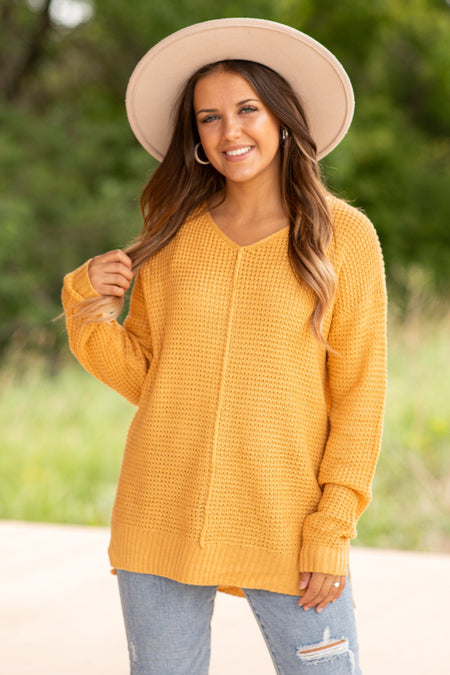 Mustard V-Neck Waffle Knit Sweater With Seam - Filly Flair