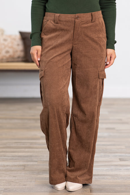 Brown Corduroy Wide Leg Cargo Pants