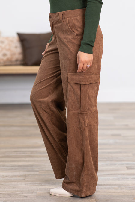 Brown Corduroy Wide Leg Cargo Pants