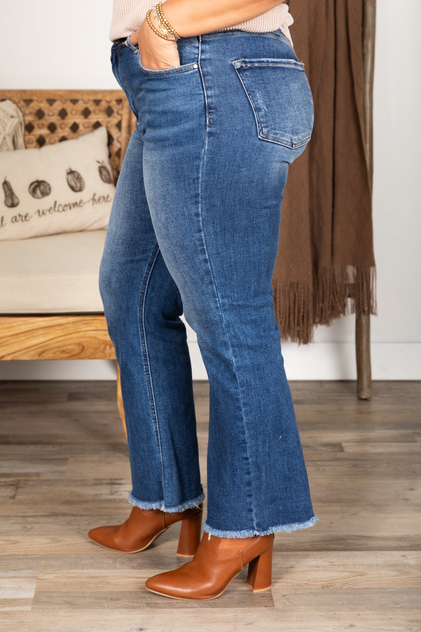 Risen Dark Wash High Rise-Crop Straight Jeans