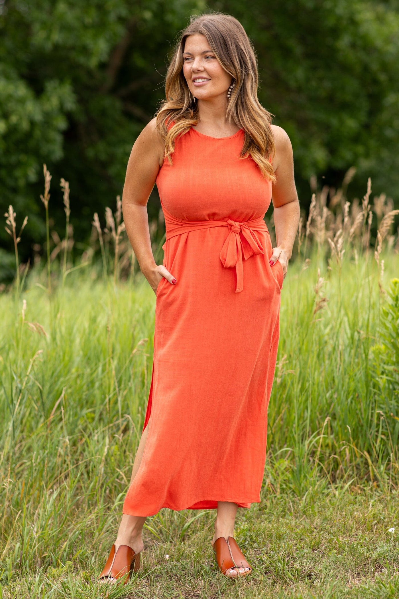 Orange Self Tie Midi Dress With Side Slit - Filly Flair