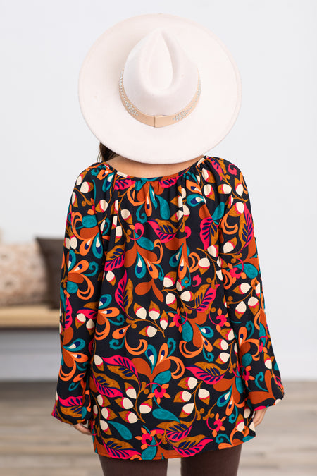 Rust and Blue Abstract Paisley Print Top