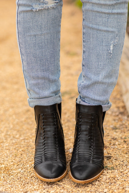 Black Woven Detail Back Zip Bootie - Filly Flair