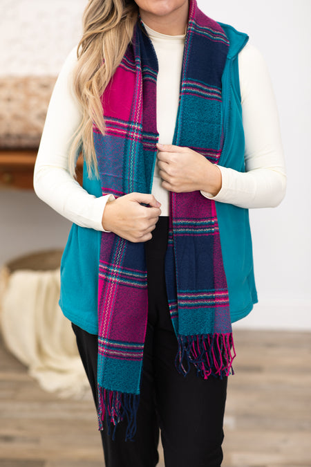 Fuchsia and Teal Fringe Trim Blanket Scarf