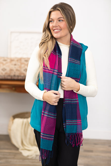 Fuchsia and Teal Fringe Trim Blanket Scarf