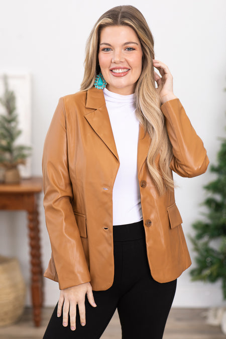 Camel Faux Leather Blazer