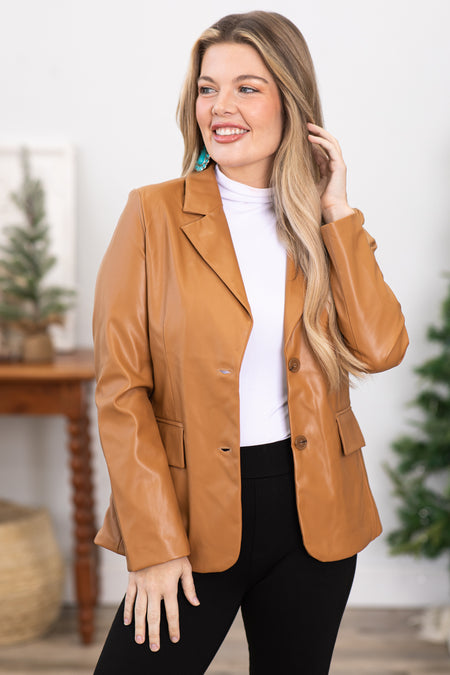 Camel Faux Leather Blazer