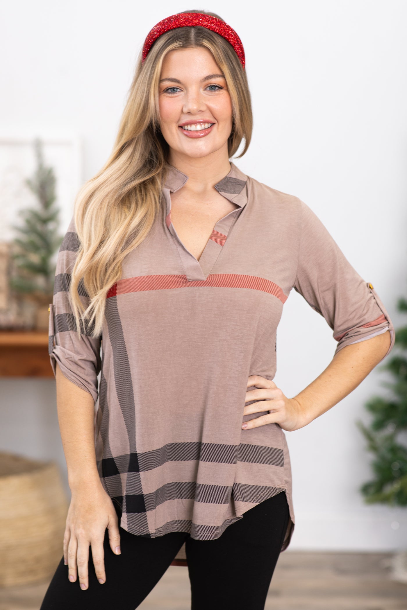 Mocha and Red Plaid Notch Neck Top