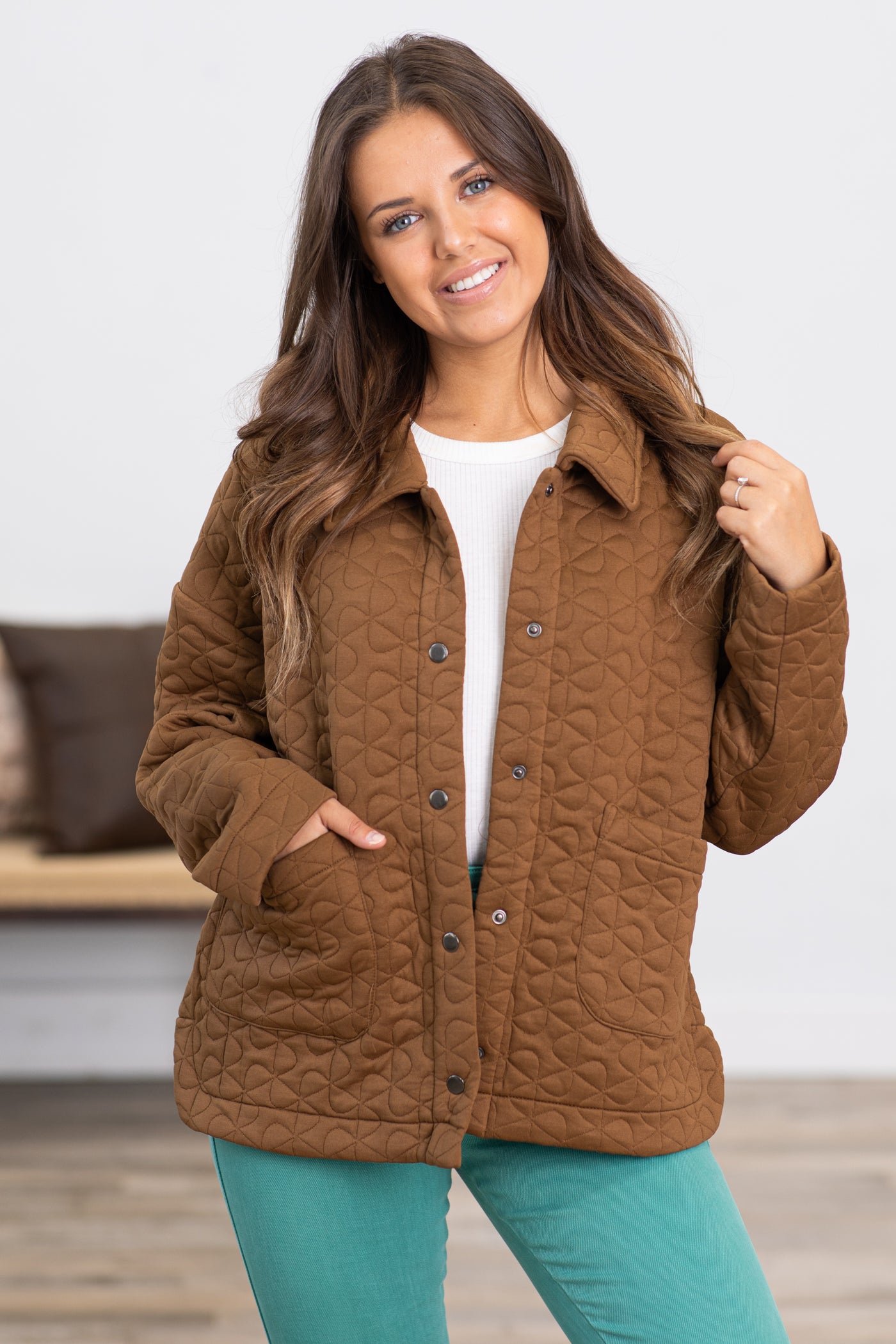 Brown Quilted Snap Front Jacket